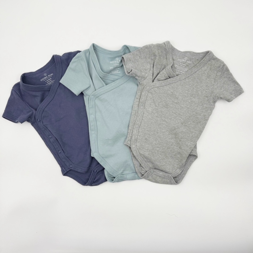 Goobie Baby Kimono bodysuit bundle side snaps 6-12 months Gray, Blue, Green